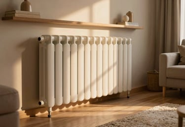 A warm and cozy Spanish living room with a modern, clean radiator, soft golden hour light filtering through windows, conveying comfort and warmth.