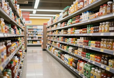 A bright, clean grocery store aisle with premium products and fresh items in a high-end North American / US retail location.