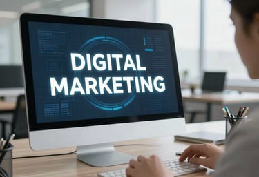 Close-up of a designer working on a vibrant website layout on a computer screen.