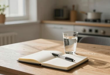 A calm workspace with a laptop open to recovery worksheets, soft natural light highlighting a cup of tea nearby.