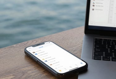 A friendly travel agent smiling warmly while assisting a couple planning their vacation.