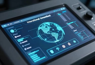 A close-up of a digital interface on a high-tech console, with cool blue-grey and cyan tones. The image is sharp and modern, reflecting an International / Global innovation hub.