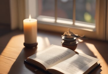 Softly glowing candles beside an open journal filled with handwritten prayers and reflections.