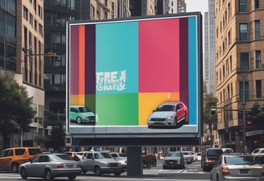 A large outdoor advertising banner displayed on a building facade.