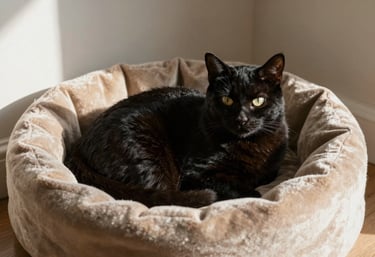 A peaceful photograph of a sleek black cat curled up on a premium beige velvet cat bed in a sunlit corner of a room.