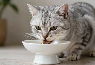 A silver tabby cat eating from an elegant raised white ceramic bowl. The lighting is soft and the focus is sharp on the cat's satisfied expression.