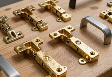 A high-quality selection of brass door hinges and modern handles laid out on a clean wooden workbench, professional lighting, industrial style.
