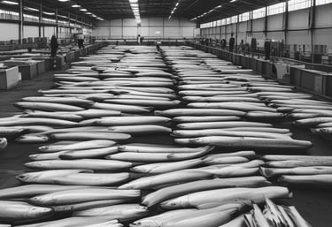 A fisherman carefully handling freshly caught salmon on a boat deck at sunrise.