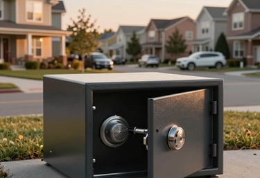 A wide photography shot of a safe, clean North American residential neighborhood during golden hour, evoking a sense of long-term stability and wealth.