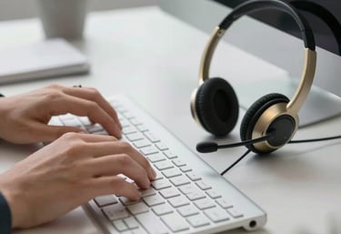 Close-up of hands typing on a modern keyboard next to a professional headset in a clean, organized workstation within a Brazilian business district office. Steel grey and gold details.