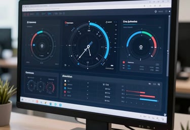 A high-end digital dashboard shown on a computer screen in a North American / US office environment, with clean lines and a palette of dark blues and soft whites.