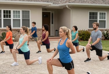 Two women smiling and stretching together outdoors during a workout session.