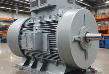 Close-up of a high-voltage electric motor with industrial background.