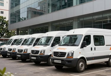 A fleet of clean white cargo vans with professional orange branding parked outside a corporate office building in a major South Asian / Indian city.