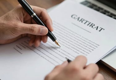 A professional photograph of hands holding a fountain pen over a grant proposal document in a North American / US office setting.