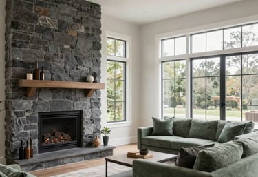 Professional photography of a spacious modern North American living room with charcoal stone fireplace, sage green accents, and large windows.