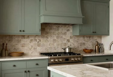 Professional photography of a high-end North American kitchen with custom sage green cabinets, cream marble counters, and refined taupe tile backsplash.