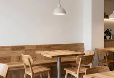Vista interior de un restaurante minimalista con mobiliario de madera clara y paredes en blanco mate, creando una atmósfera acogedora.