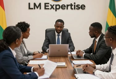 Business meeting with consultants discussing audit and tax strategies.