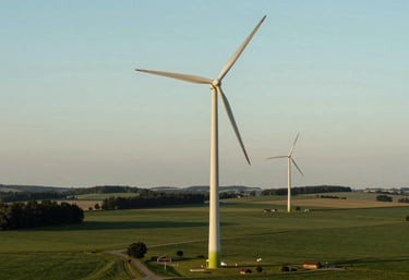 A landscape view of modern wind turbines in a lush Central European / German countryside at dawn. The lighting is soft Pale Aqua and Medium Green.