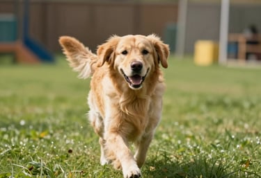 A happy Golden Retriever running through a lush green outdoor play area at a professional North American pet boarding facility during a sunny day.