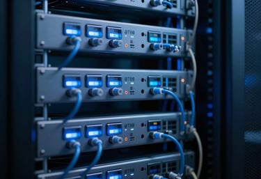 A sophisticated server room or home automation rack with perfectly managed wires, glowing with a technical blue light (#2C6B79).