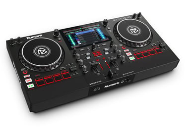 Vista superior del Numark Mixstream Pro, sistema DJ autónomo con pantalla táctil y altavoces integrados