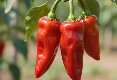 Vibrant macro photography of ripening red hot peppers on a healthy branch, set in a bright and sunny North American garden setting with a clean, natural bokeh background.