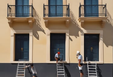 Workers painting a residential building facade with precision and care.