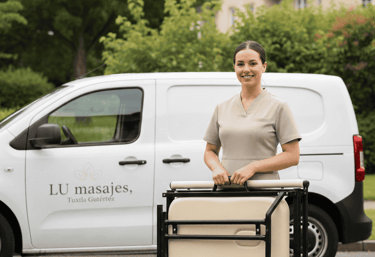 Masajista profesional sosteniendo una mesa portátil al lado de una camioneta de spa móvil de marca.
