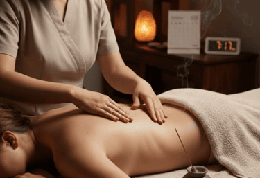 Una masajista realizando un masaje relajante de espalda en un spa oscuro con velas e incienso.