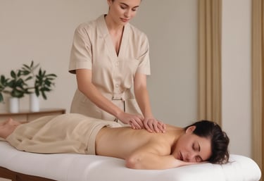 masajista, haciendo masaje a una persona, con uniforme beige