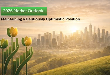 2026 Market Outlook - City skyline under the golden hour sun with tulips unified