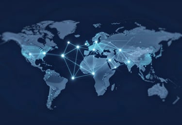 An abstract visualization of interconnected energy nodes extending into a global network, symbolizing scalability, using #0F1B2B navy and #EBF3F8 highlights.