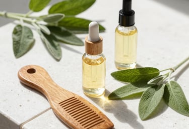 Serene still life photography of organic cold-pressed beauty oils, a natural wooden comb, and fresh green sage leaves arranged on a white stone tile under bright sunlight.