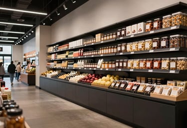 A beautifully lit wide shot of a modern food market interior in North America, with clean architectural lines and artisanal products displayed on dark shelves.