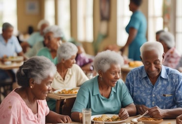 A peaceful outdoor garden with tropical plants where seniors relax on benches.
