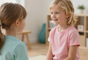 Cozy therapy room with colorful toys and speech therapy materials.