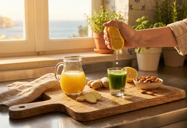 A person squeezing fresh lemon juice into a healthy green wellness shot with ginger and almonds on a wooden board.