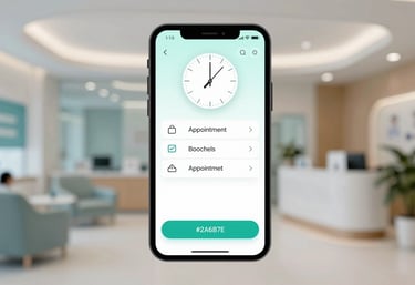 A digital clock on a smartphone screen showing an immediate appointment booking confirmation, set against a blurred background of a modern medical clinic lobby. Highlighting brand color #2A6B7E.