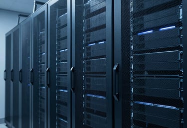 Clean and professional high-tech server room environment with cool blue lighting, representing secure cloud infrastructure and digital reliability.