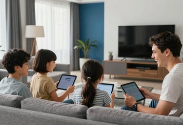 A family in a modern Global living room laughing together while using tablets and a smart TV, bright airy lighting, Steel Blue decor accents.