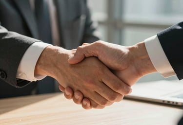 Close-up photography of a firm handshake between two professionals in a North American business setting, sunlight hitting the table, professional and trustworthy mood.