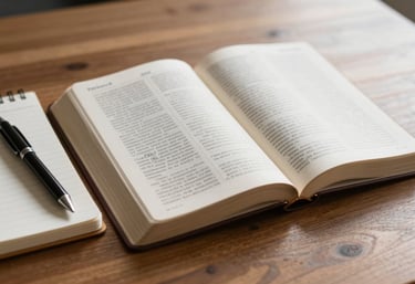 A serene and high-quality photo of an open Bible next to a modern notebook and a pen on a wooden desk. Soft off-white light spills over the pages, creating a spiritually profound and studious mood.