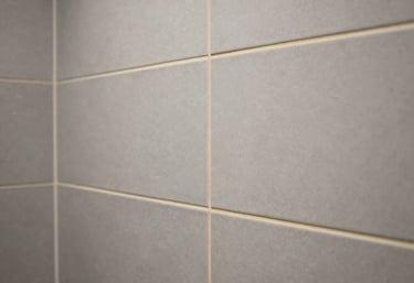 Detailed shot of a luxury bathroom tile installation, showcasing precise alignment and clean grouting lines, soft grey palette with gold accents.