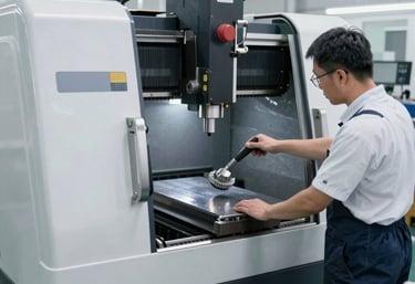 A surface grinding machine in operation, creating a mirror-like finish on a flat steel plate. Clean, industrial aesthetic with #F5F7F9 highlights.
