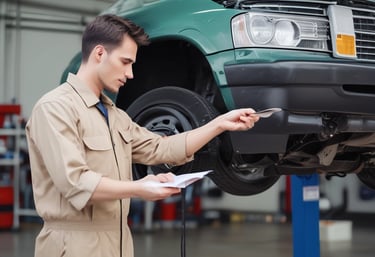 A professional inspector examining a car engine outdoors on a sunny day.