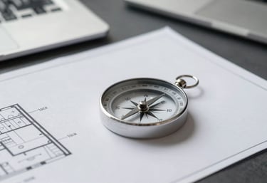 A minimalist metal compass and an architectural blueprint resting on a dark desk, representing strategic direction, clarity, and #1A2E2F palette.