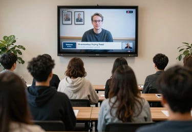 A warm classroom setting with attentive adults engaged in a psychology workshop.