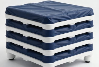 A clean, modern medical supply pallet ready for shipping in a high-key lighting environment, featuring shades of navy and white.
